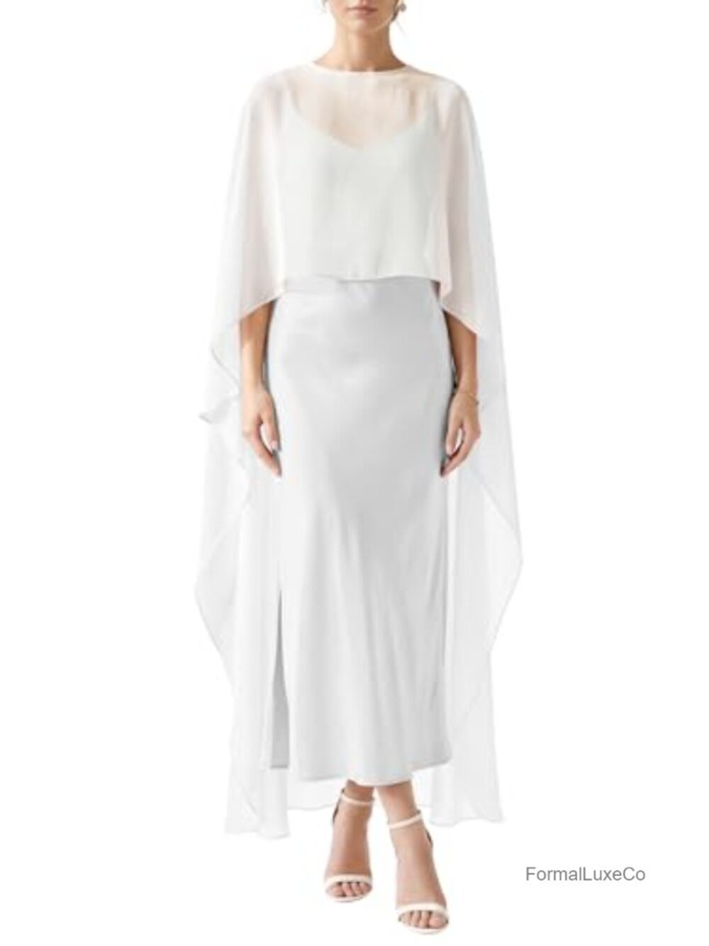 Women's Flowy Long Cape Shawl Sheer Chiffon Bridal Cover Up Pearl Button Closure